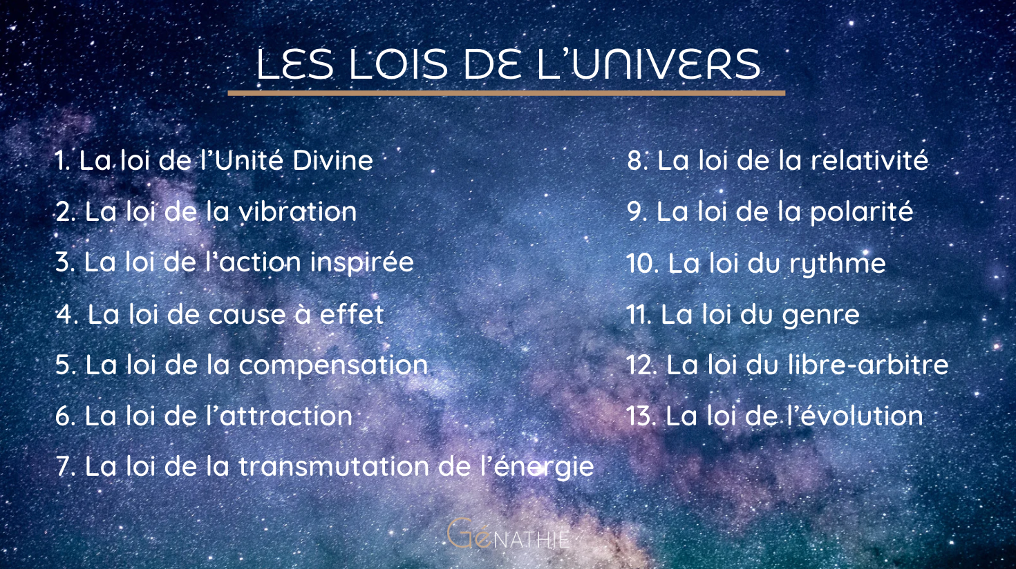 Génathie - Liste des lois de l'Univers